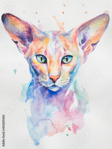 Oriental Shorthair Cat painted in watercolor on a white background in a realistic manner, colorful, rainbow. Ideal for teaching materials, books and nature-themed designs. © Mari Dein