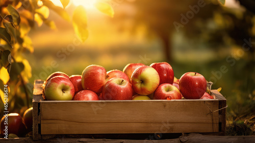 apples in wooden crate on background