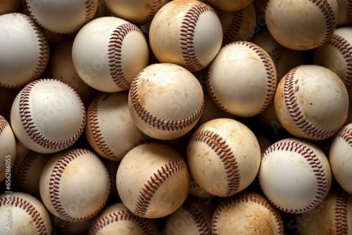 Pile of used baseballs. Close-up abstract sports background. Generative AI