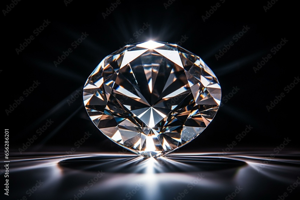 Circular diamond on reflective black background with light and shadow effects. Generative AI - obrazy, fototapety, plakaty 