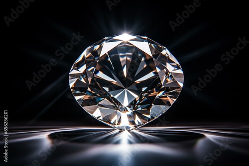 Circular diamond on reflective black background with light and shadow effects. Generative AI photo