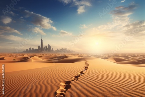 Footprints on sand with desert, dune, and skyline. Generative AI