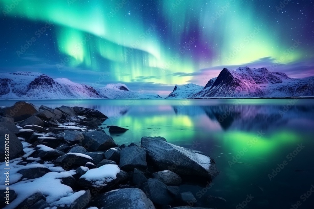 Northern lights over snowy mountains and sea coast at night in Norway. Aurora borealis above snow covered rocks, winter landscape with fjord and starry sky. Generative AI