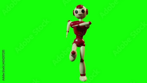 Smiling happy toy robot dancing 3d render green screen loop seamless