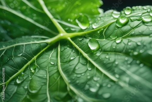 Close-up Macro Photography of Fresh Green Leaf with Raindrop abstract background