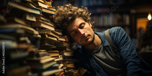 Male student who is overly worn out is sleeping on a stack of textbooks in his room.generative ai