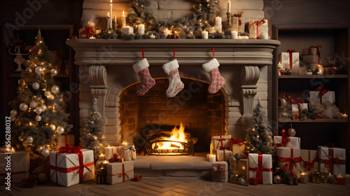 Cozy Fireplace with Christmas Stockings photo