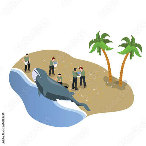 olunteers pouring water on beached whale 3d vector concept for banner, website, illustration, landing page, flyer, etc