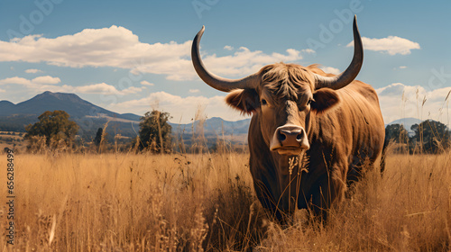 Robust Bull Grazing in an Open Field © Custom Media