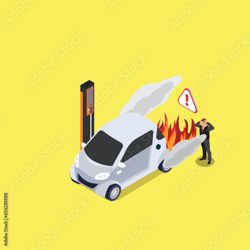 EV Electric Vehicle on fire 3d vector concept for banner, website, illustration, landing page, flyer, etc