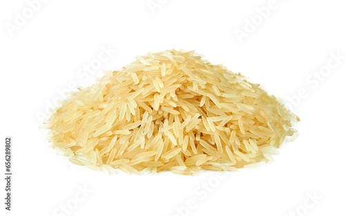 Indian yellow long basmati rice isolated on white background. pile of Indian yellow long basmati rice isolated. heap of Indian yellow long basmati rice isolated