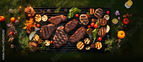 Grilled food vegetables and mushrooms on a bbq grill with flames and smoke resting on a lawn