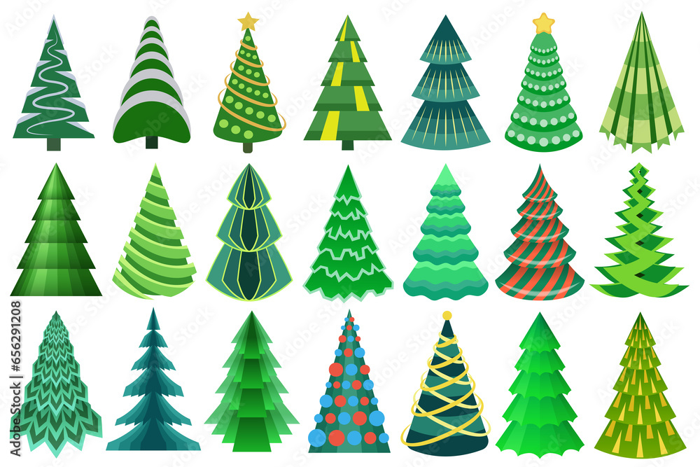 Obraz premium Stylized, decorative Christmas tree set. Awesome abstract, flat Christmas trees collection for your designs.