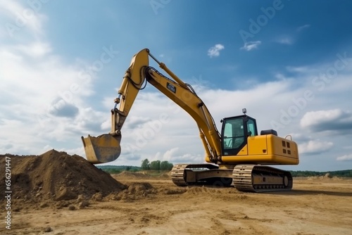 A strong excavator digs against the sky. Construction site earthworks with heavy equipment. Generative AI photo