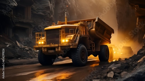 A yellow haul truck in the mine