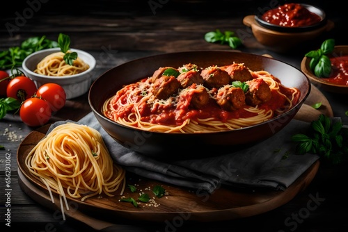 A large serving of spaghetti with meatballs.