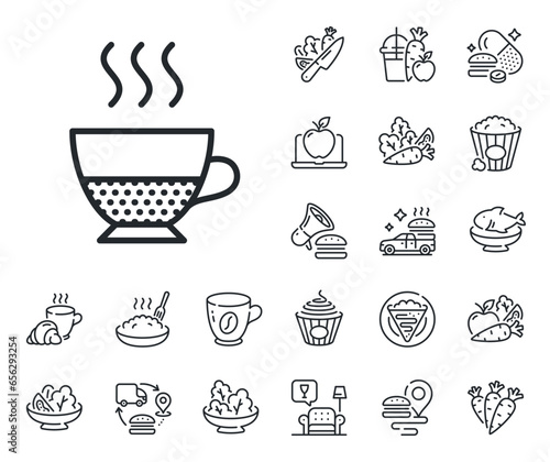 Hot drink sign. Crepe, sweet popcorn and salad outline icons. Doppio coffee icon. Beverage symbol. Doppio line sign. Pasta spaghetti, fresh juice icon. Supply chain. Vector