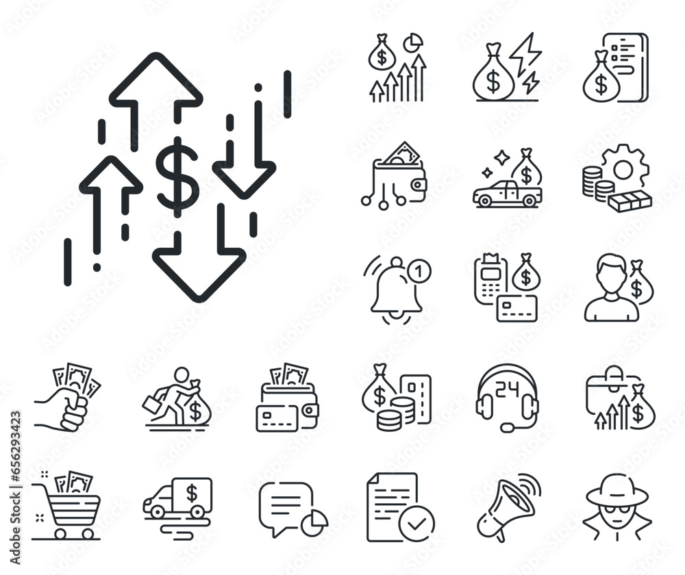 Currency exchange sign. Cash money, loan and mortgage outline icons. Dollar rates line icon. Money trade symbol. Dollar rate line sign. Credit card, crypto wallet icon. Inflation, job salary. Vector Currency exchange sign. Cash money, loan and mortgage outline icons. Dollar rates line icon. Money trade symbol. Dollar rate line sign. Credit card, crypto wallet icon. Inflation, job salary. Vector