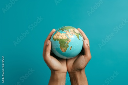 hand holding earth isolated on blue background.