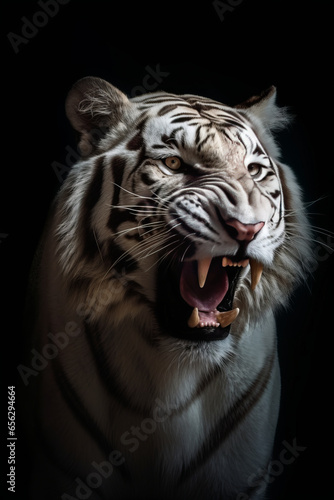 a white saber-toothed tiger on dark background,generative ai