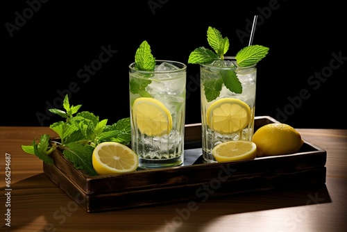 Refreshing lemon water garnished with mint. Generative AI