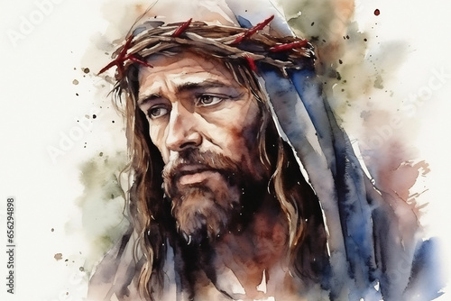 Jesus wearing a crown of thorns. Generative AI watercolor illustration.