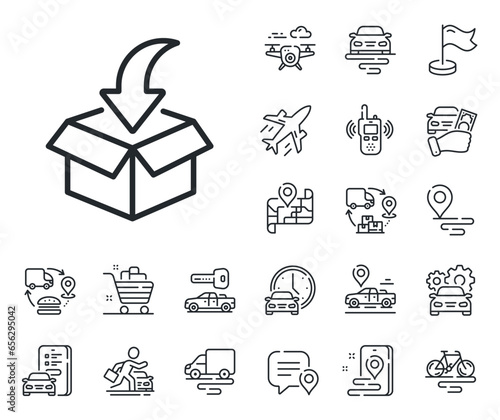 Packing things sign. Plane, supply chain and place location outline icons. Moving service line icon. Things transportation symbol. Moving service line sign. Taxi transport, rent a bike icon. Vector