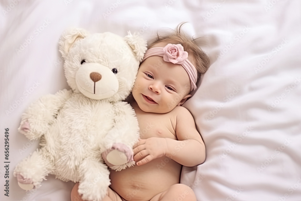 Newborn baby smiles next to a teddy bear. View from above