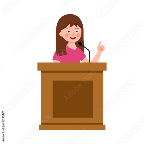 Happy cute kid girl speech on podium in flat design on white background. Confidence student.