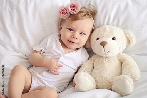 Cute baby sitting next to a teddy bear on a white background.