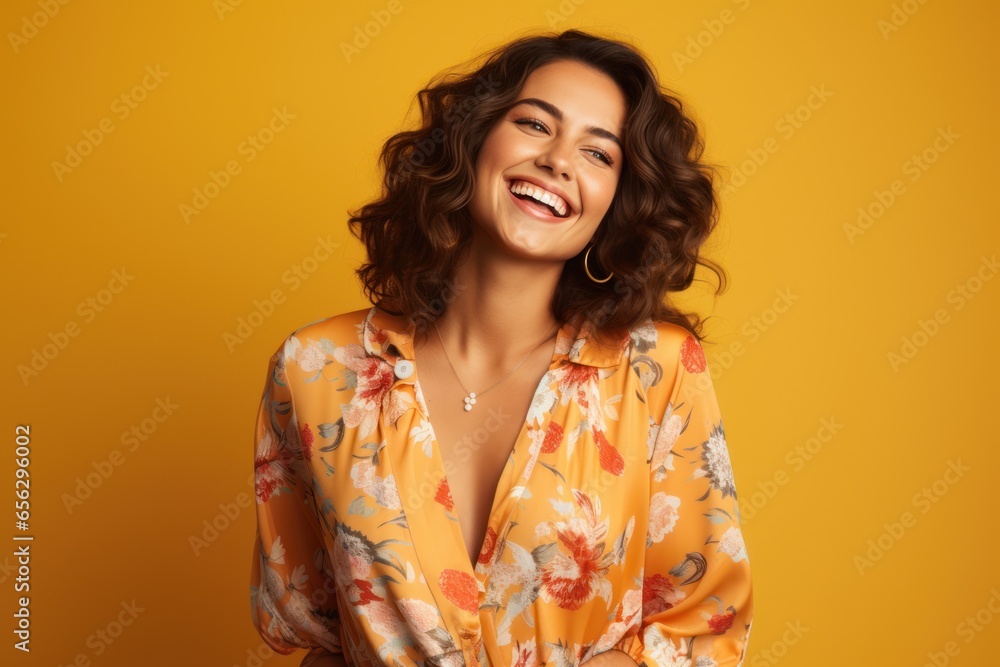 Tanned American girl with stylish haircut poses, looking at camera with smile. Portrait of joyful lady in summer outfit.