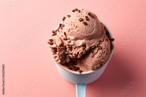 A chocolate ice cream with a scoop with creamy texture on pastel background, Overhead shot, created with Generative AI photo