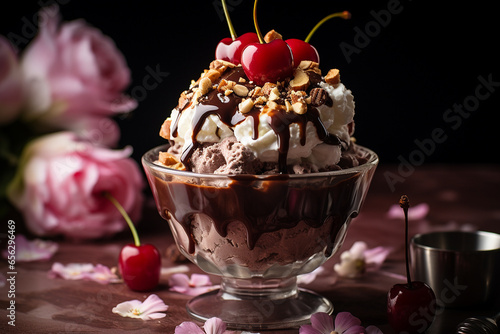 a chocolate ice cream sundae with whipped cream, chocolate syrup, nuts, and a cherry on top against a colorful backdrop, Top-down shot, created with Generative AI