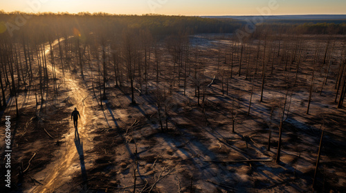 trees lying on the ground, logging, deforestation of a once lush forest photo