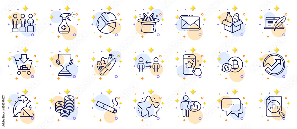 Outline set of Star, Hat-trick and Analytics graph line icons for web app. Include Copyright laptop, Coins, Shopping pictogram icons. Medical cleaning, Refresh bitcoin, Pie chart signs. Vector Outline set of Star, Hat-trick and Analytics graph line icons for web app. Include Copyright laptop, Coins, Shopping pictogram icons. Medical cleaning, Refresh bitcoin, Pie chart signs. Vector