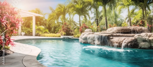 Backyard oasis with inground pool waterfall and hot tub © 2rogan