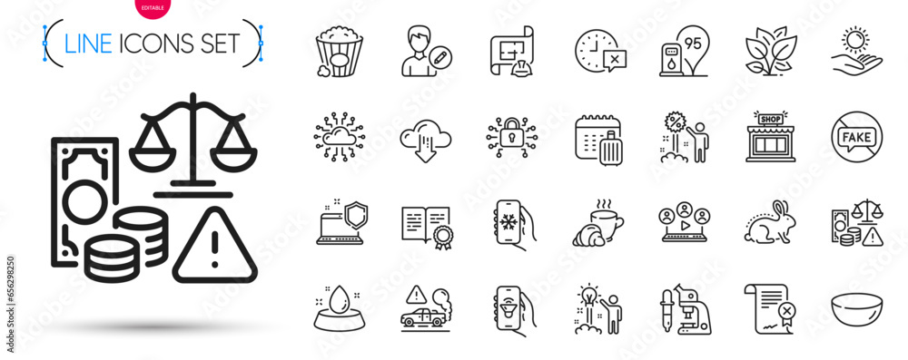 Fototapeta premium Pack of Video conference, Computer security and Certificate line icons. Include Coffee break, Fake news, Water bowl pictogram icons. Microscope, Fraud, Bowl dish signs. Sun protection. Vector