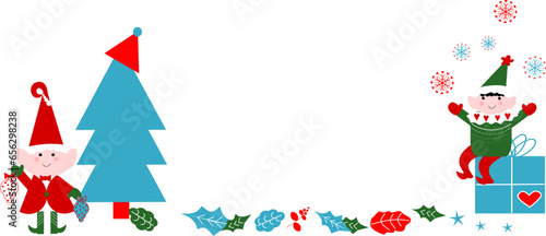 Banner con coppia di allegri elfi e addobbi