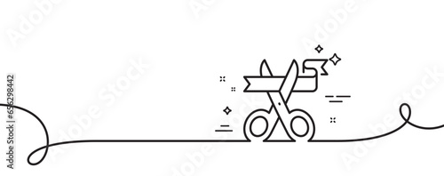 Cut ribbon line icon. Continuous one line with curl. Open ceremony sign. Inauguration scissors symbol. Cut ribbon single outline ribbon. Loop curve pattern. Vector
