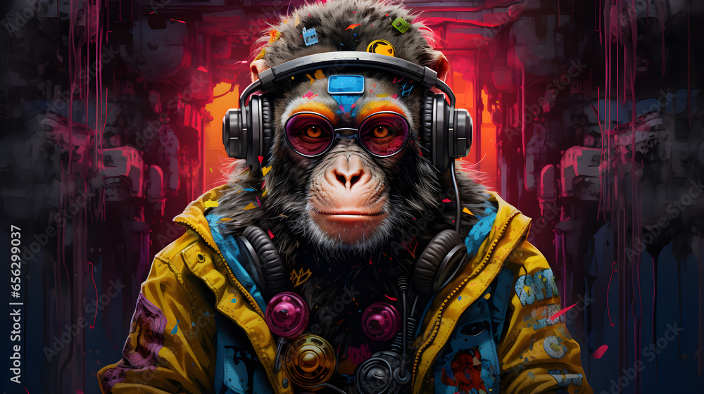 Fototapeta premium Graffiti Monkey in Cyberpunk Street