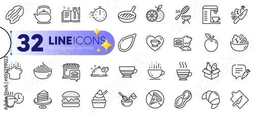 Outline set of Peanut, Vegetable and Cutting board line icons for web with Croissant, Pumpkin seed, Pasta thin icon. Teapot, Apple, Pecan nut pictogram icon. Cafe creme, Coffee break. Vector