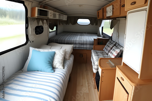 Inside the camper van. Unfilled bed, pillows, guitar, book, hat, white wooden decoration of the house on wheels. 3d rendering