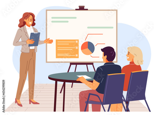 Business woman presentation. Female speaker on office seminar, manager shows report employees, partners and colleagues. Businesswoman presents infographic. Cartoon flat vector concept