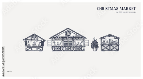 Christmas market card or invitation design. Hand drawn vector illustration. Holiday marketplace, wooden stall, mulled wine, candy shop  sketch