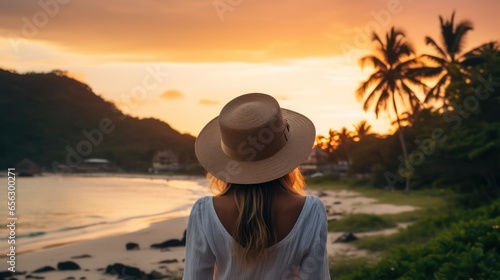 Beautiful young woman, with long brown hair and wearing a hat watching the golden sunset. Generative Ai. 
