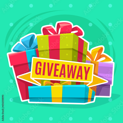 Giveaway winner poster. Different colorful gift boxes with bows, presets composition. Congratulate and promotional banner. Award offer, design for social media posts. Vector illustration