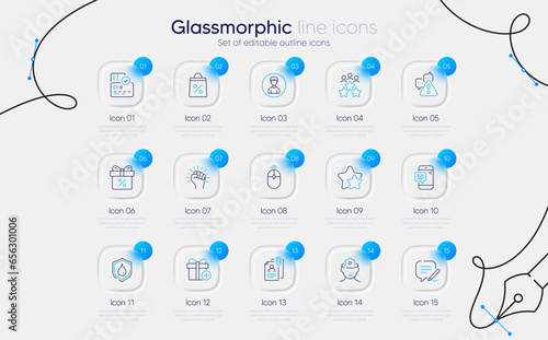 Set of Swipe up, Brain working and Card line icons for web app. Person, Empower, Write icons. Add gift, Star, Discount offer signs. Shopping bag, Business meeting, 5g phone. Vector