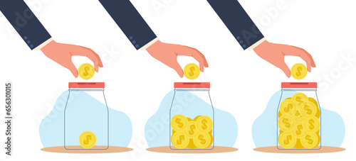 Hand tosses gold coins into piggy bank with varying amounts of money. Make financial saving in glass jar, income and cash on deposit metaphor. Cartoon flat style isolated vector concept