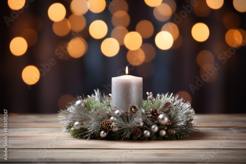 Advent wreath on gray wooden planks with silver bokeh lights. Generative AI
