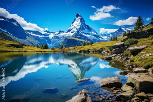 Iconic Swiss mountain with picturesque lake  Zermatt  Switzerland. Generative AI